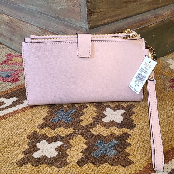 Michael Kors Jet Set Travel Double Zip Wallet Wristlet Powder Blush Pink - Picture 2 of 6